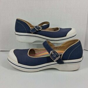 Dansko Vegan Navy Blue Canvas Mary Jane Wedge Clogs Slip Resistant Sz 11.5 READ